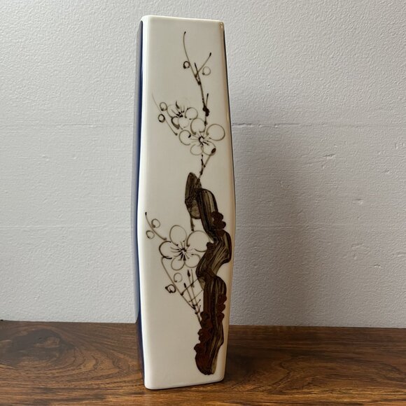 Enesco Rectangular Japanese Vase Cobalt Blue White Sakura 12" - Picture 2 of 13